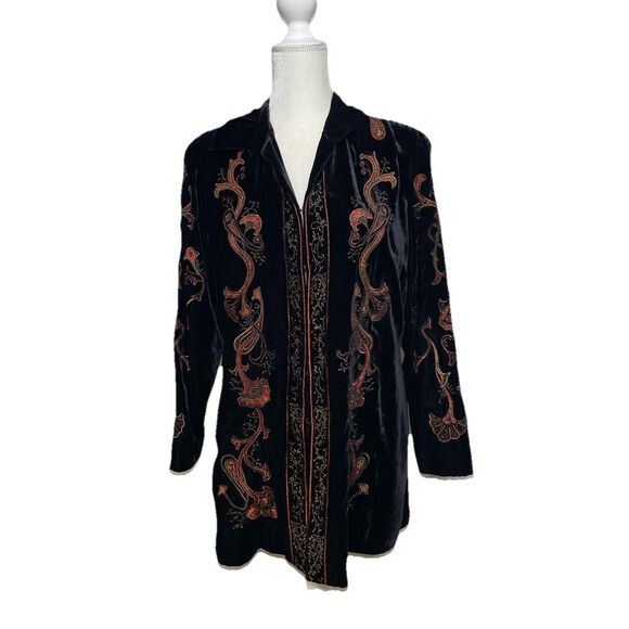 Coldwater Creek Size LP Large Embroidered Black Velvet Longline Jacket Kimono - Picture 1 of 11